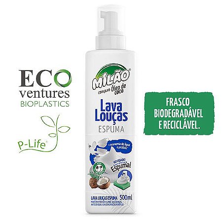 Lava Louças em Espuma Milão com Puro Óleo de Coco - 500ml - Embalagem Ecológica e Biodegradável