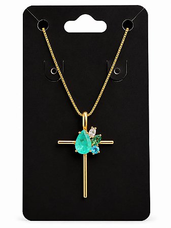 COLAR CRUZ GOTA TURMALINA CRISTAIS