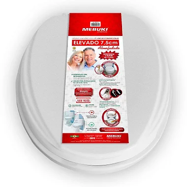 ASSENTO SANITÁRIO ELEVADO OVAL ALMOFADADO 7,5 CM COM TAMPA MEBUKI - BRANCO