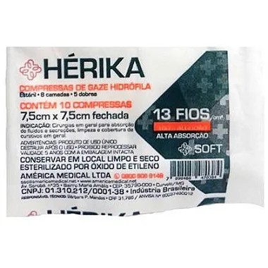 COMPRESSA DE GAZE ESTÉRIL 7,5 X 7,5 13 FIOS COM 10 HERIKA - BRANCA