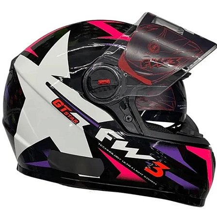 Capacete FW3 GTX Star Preto Brilhante Lilas c/ Rosa
