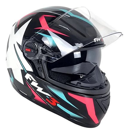 Capacete FW3 GTX Star Preto Brilhante Azul Tiffany c/ Rosa