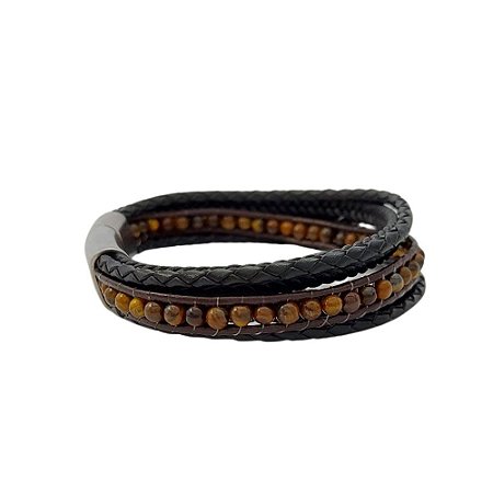 Pulseira Masculina em Aço com Detalhe em Couro e Bolinhas