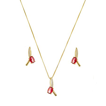 Conjunto Colar e Brinco com Zircônia Rubi