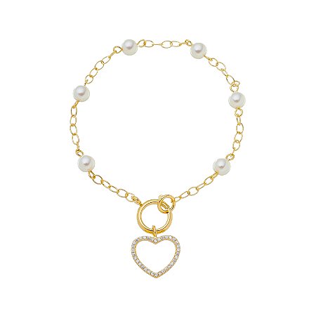 Pulseira Bolinhas de Pérola e Pingente Coração
