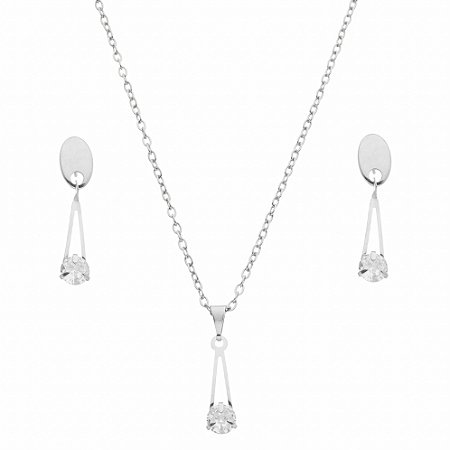 Conjunto de colar e brincos gota com zircônia em aço inox
