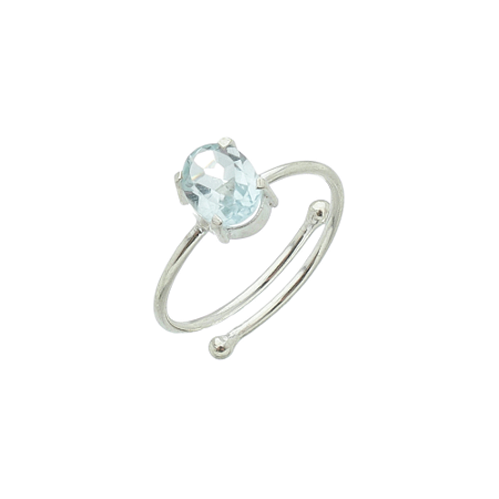 Anel oval ajustável com pedra natural Topázio azul prata 925