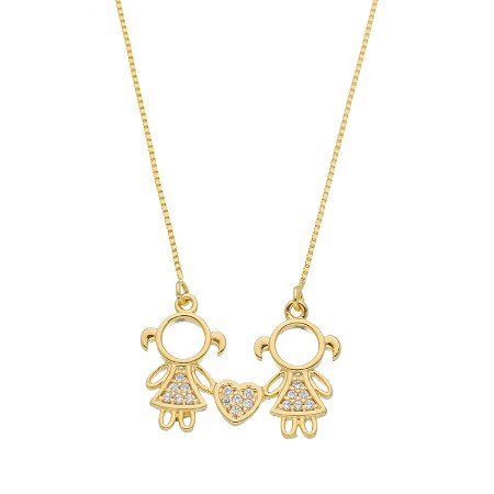 Colar mãe de meninas com coração e vestido cravejados com zircônias