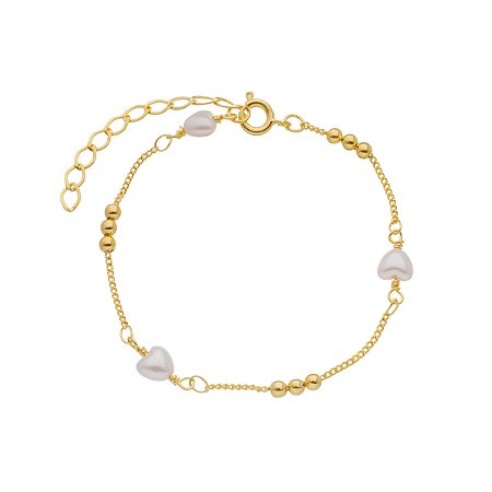 Pulseira bolinhas e pérola de coração banhada em ouro 18k