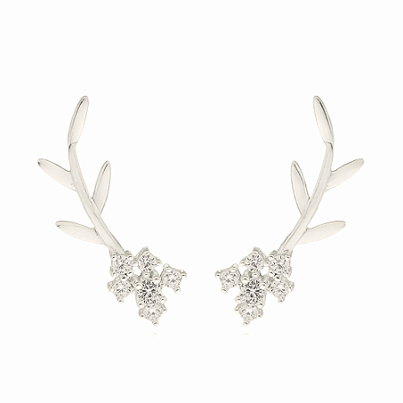 Ear cuff flor cravejado com zircônia e folhas lisas prata 925