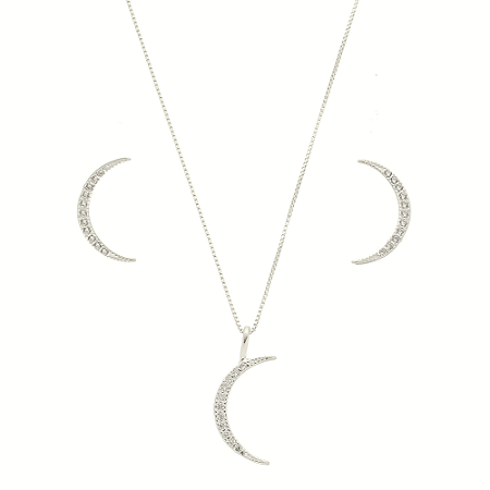 Conjunto brinco e colar pingente meia lua prata 925