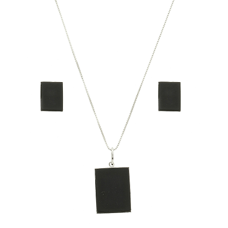 Conjunto de colar e Brincos com pedra Ônix preta retangular em prata 925