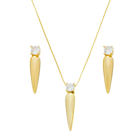 Conjunto de colar e brincos gota invertida com ponto de luz