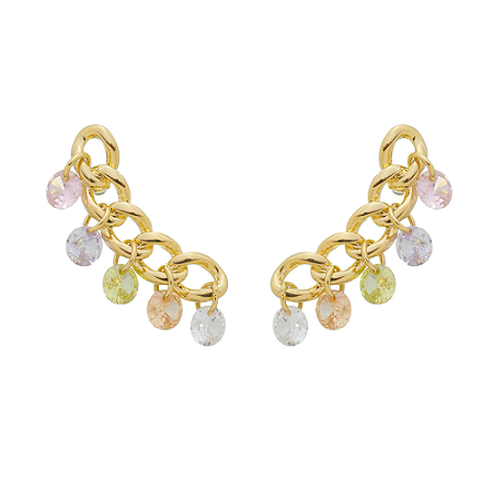 Ear cuff elos corrente com pedras coloridas