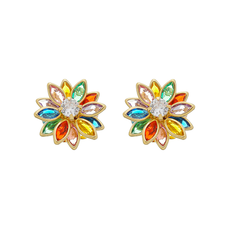 Brinco flor com pétalas coloridas dourado
