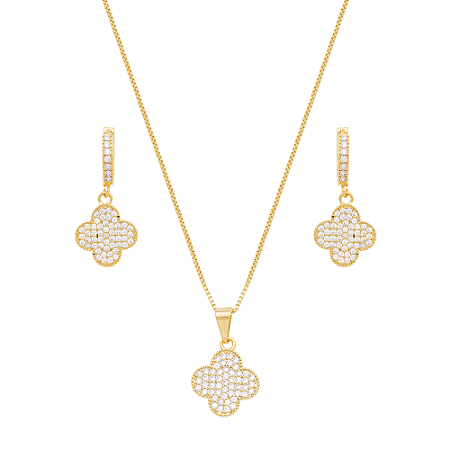 Conjunto de colar e brincos trevo cravejado