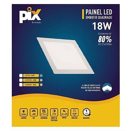 Placa Led Embutir 18W 3000K 21,9X21,9cm 1350lm PIX