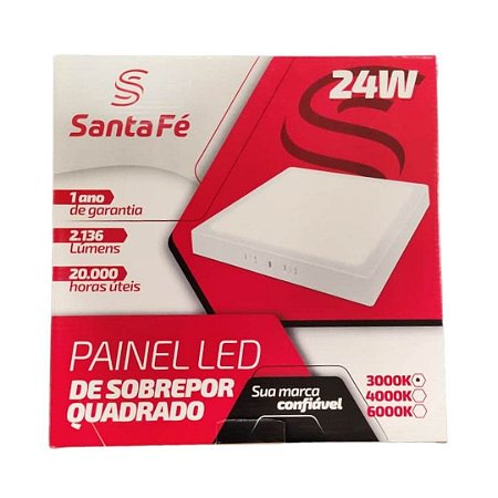 Placa LED Sobrepor 24W 6000K Branco Frio 2136Lm 28x28 Santa Fé