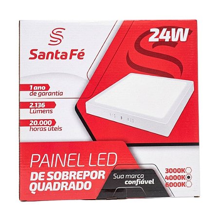 Placa LED Sobrepor 24W Luz Neutra 4000K 2136Lm 28x28 Santa Fé
