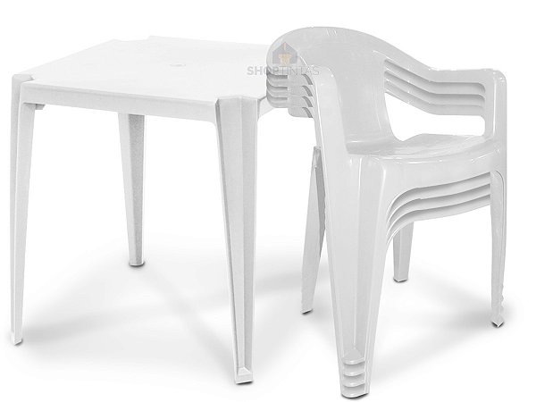 Conjunto Mesa E 4 Cadeiras Poltrona Plastico Branco 3 Jogos
