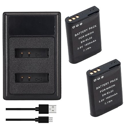 Kit 2 Baterias + Carregador EN-EL23 p/ Nikon Coolpix P600-P900 | Ponto Tech