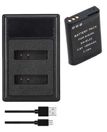 Kit Bateria + Carregador EN-EL23 p/ Nikon Coolpix P600-P900 | Ponto Tech