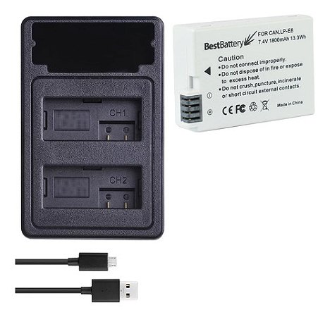 Kit Carregador + Bateria Lp-e8 Para Canon Eos Rebel T2i, T3i