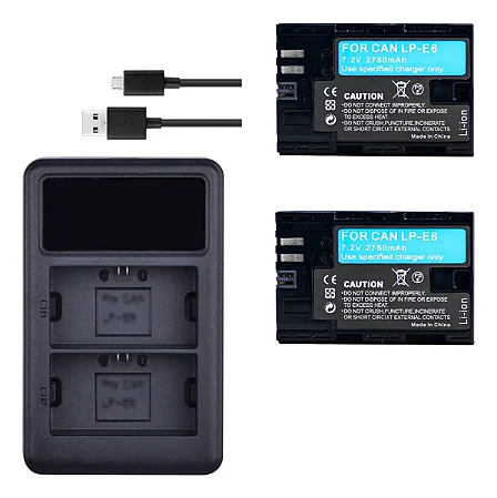 Kit 2 Baterias LP-E6 + Carregador USB p/ Canon 5D 6D 7D | Ponto Tech