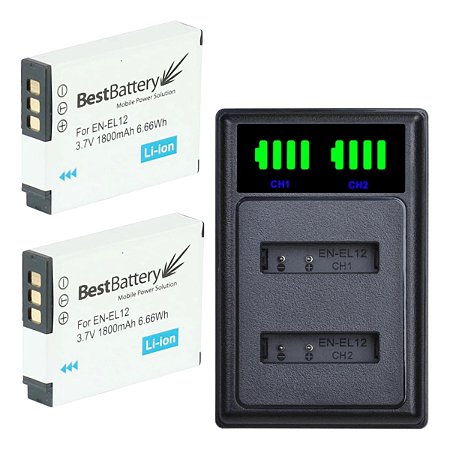 Kit Carregador + 2 Baterias  En-el12 Para Nikon Coolpix Keymission A900 A1000 Aw120