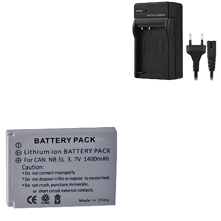 Kit 1 Carregador + Bateria NB-5L 1400mAh 3.7V P/ Canon PowerShot SX260HS, SD900