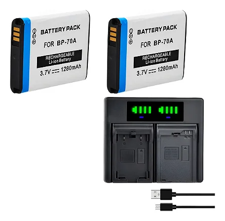 Kit Carregador + 2 Baterias Bp-70a Samsung Aq100 Dv100 Dv150f Es65 Es67 Es70