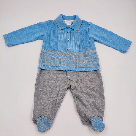 Macacão Azul e Cinza Suedine e Tricot Beth Bebê Masculino