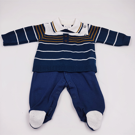 Macacão Marinho Suedine e Tricot Beth Bebê Masculino