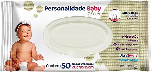 Toalha Umedecida Personalidade Baby Total Care Extrato de Algodão e Aloe Vera Ultra Macia 50 unidades 20X15cm