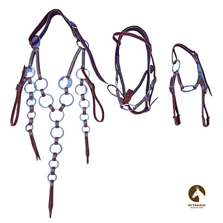 TRALHA DE FRENTE EM COURO COM ARGOLAS  CABEÇADA, CABRESTO E PEITEIRA