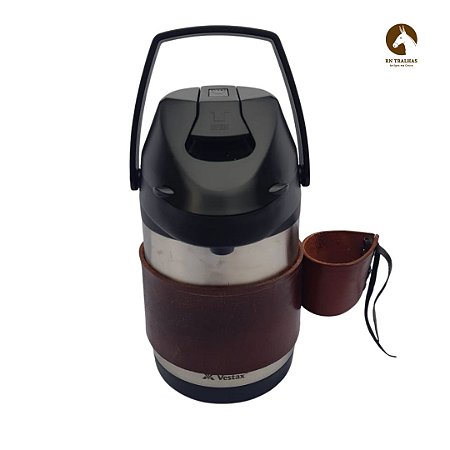 GARRAFA TÉRMICA INOX 2,5L COM CINTA PORTA COPO EM COURO PARA TERERÉ OU CHIMARRÃO