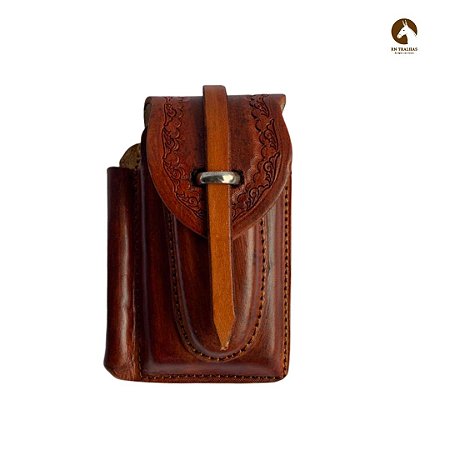 CAPA DE CELULAR COM BAINHA DE CANIVETE E PORTA CANETA EM COURO LEGÍTIMO