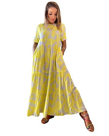 Vestido Lila Estampa Amarelo / Cinza