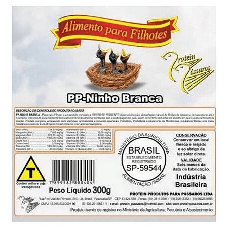 Papinha Protein Pássaros - Para Filhotes - PP Ninho Branca - 150g - 300g e 1kg