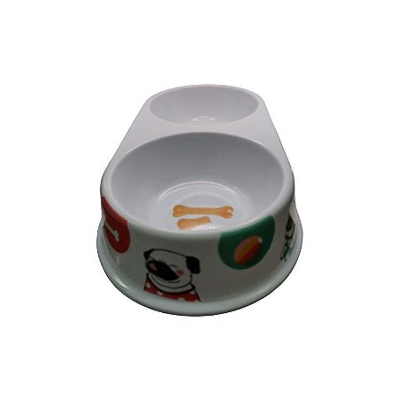 Comedouro Duplo Médio para Animais de Estimação 500ml - Branco Decorado