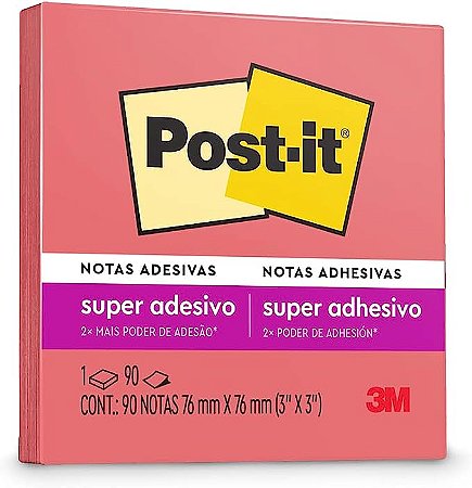 Bloco de Notas Super Adesivas Post-it® Rosa Poppy 76 mm x 76 mm - 90 folhas