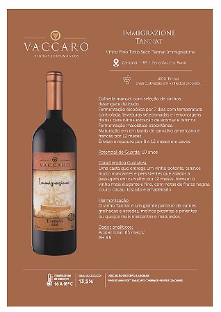 Vaccaro Vinho Tinto Immigrazione Tannat 750 ml