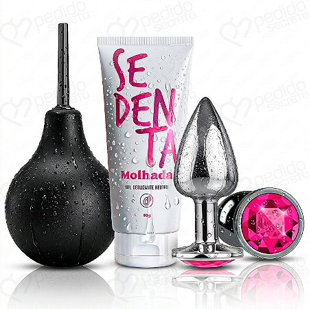 Kit Ducha Íntima 224ml Gel Lubrificante Sedenta Molhada Neutro 50g e Plug Anal P Aço