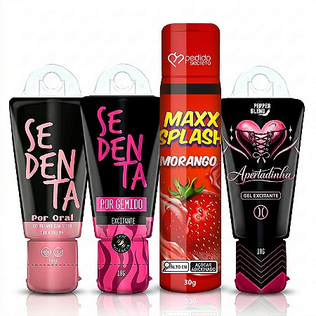 Kit 4 Produtos Sex Shop Casal: Gel Adstringente, Excitante Sedenta, Vibrante com Jambu, Calda Beijável