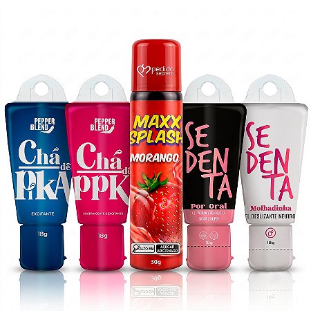 Kit 5 Produtos Sex Shop Casal: Gel Adstringente, Intensificador Masculino, Vibrante com Jambu, Calda Beijável e Lubrificante Neutro 18g