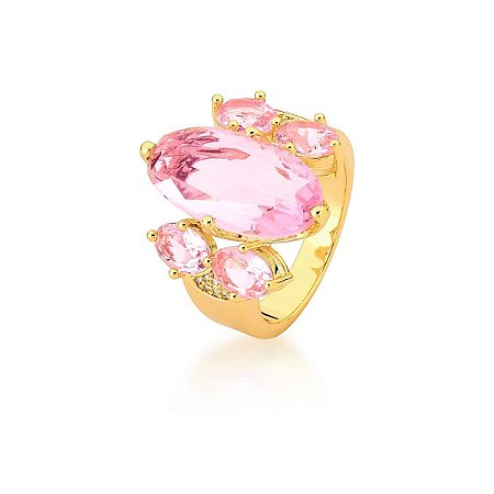 ANEL COM CRISTAIS OVAIS NA COR ROSA BANHADO A OURO