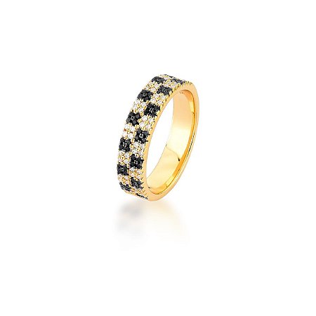 ANEL XADREZ CRAVEJADO DE ZIRCONIA BRANCA E NEGRA FINO