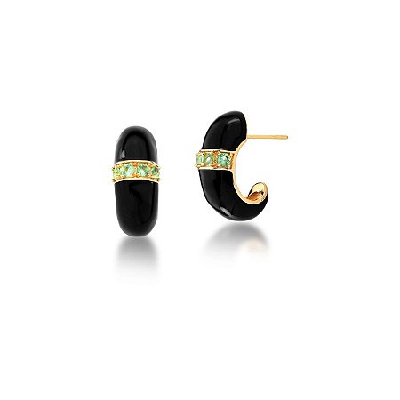 MEIA ARGOLA ESMALTADO PRETO E ZIRCÔNIAS VERDES BANHADO A OURO