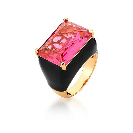 ANEL ESMALTADO PRETO E CRISTAL RETANGULAR ROSA