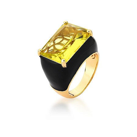 ANEL ESMALTADO PRETO E CRISTAL RETANGULAR PRASIOLITA